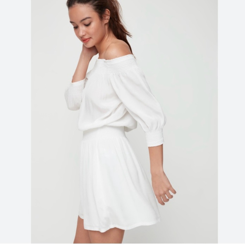 Aritzia White One-Shoulder Smocked-Waist Mini Dress